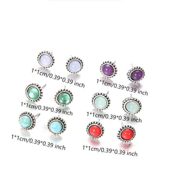 6 Pairs Colorful Round Gemstone Silver Stud Earrings Set Minimalist Classic New - Picture 4 of 6